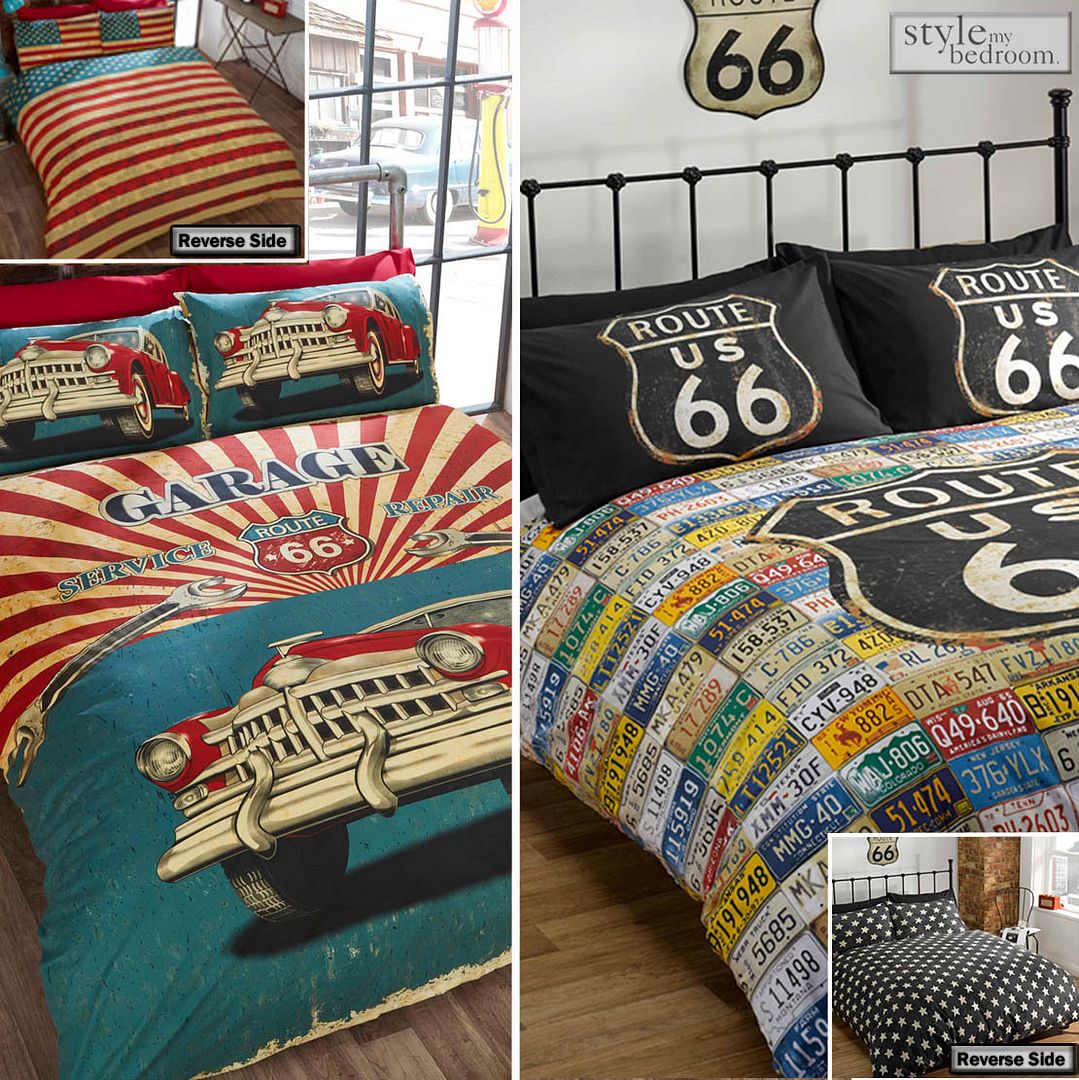 Route 66 Retro Garage Oldtimer mit USA Flagge Revers Bettdecke